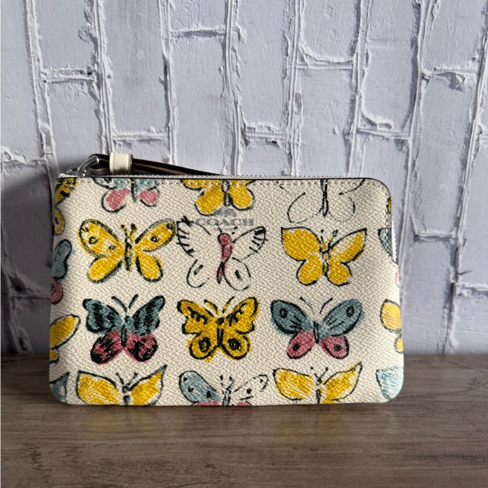 Coach Women's Butterfly Print Corner Zip Wristlet yellow silver CAQ55